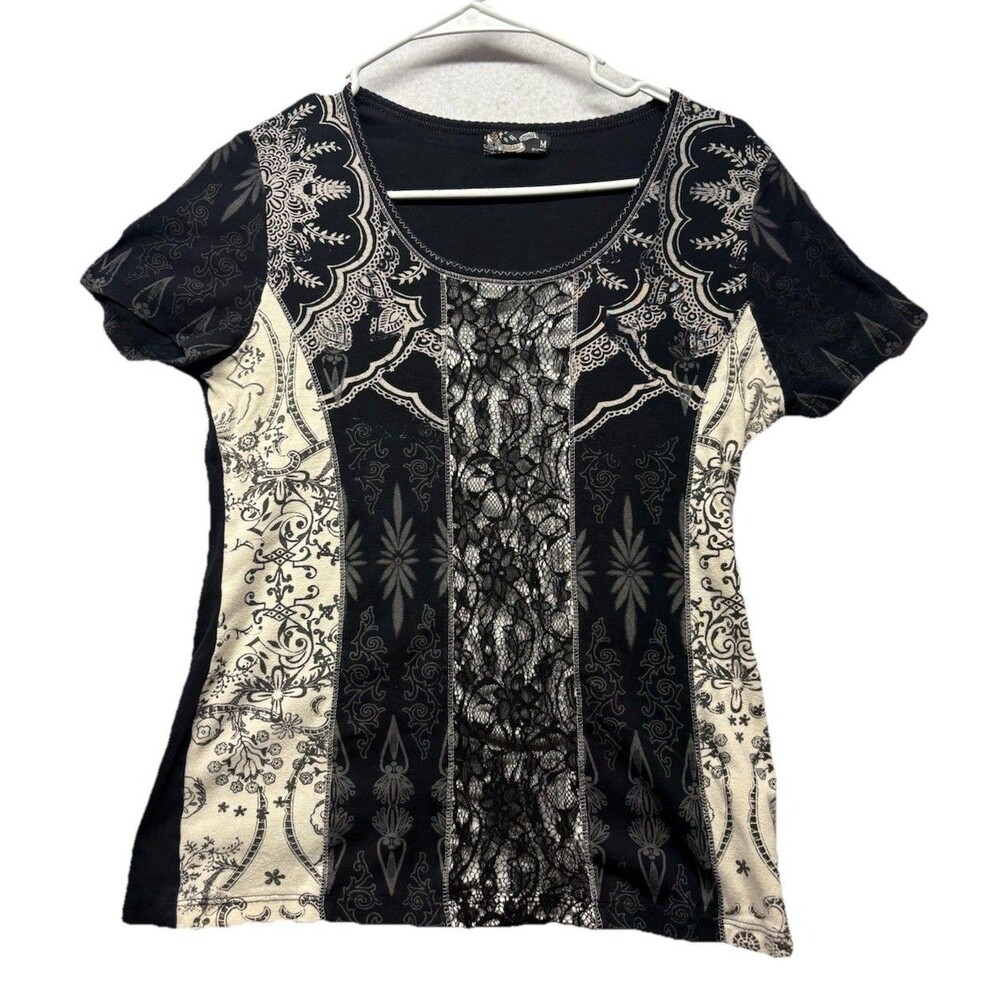 Black Lace Short Sleeve Top Boho Whimsy Goth Fairycore Hippie Artsy Y2K Size M